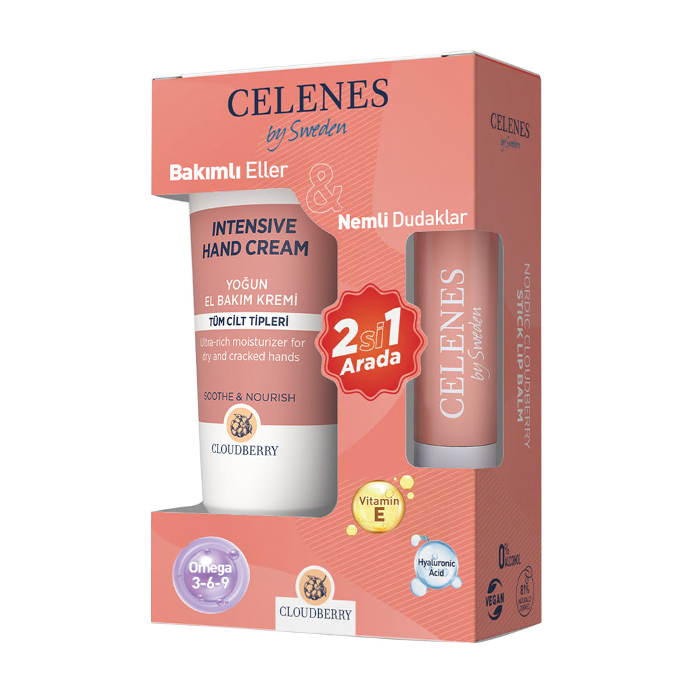 Celenes Cloudberry Yoğun El Bakım Kremi Kuru ve Hassas Ciltler, 75 ml & Stick Lip Balm 4,8 gr Multipack