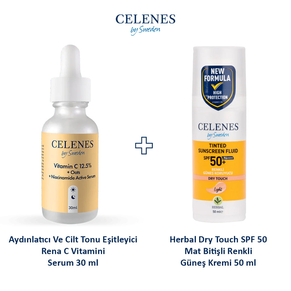 Rena C Vitamini Serum 30 ml + Herbal Dry Touch SPF 50 Mat Bitişli Renkli Güneş Kremi, 50 ml 2'li Set