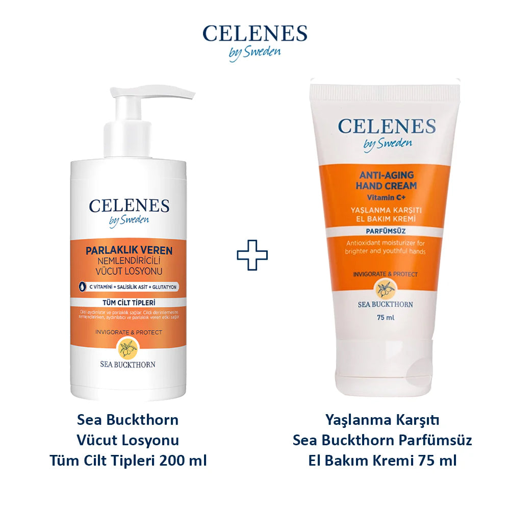 Sea Buckthorn Vücut Losyonu Tüm Cilt Tipleri 200 ml + Yaşlanma Karşıtı Parfümsüz El Bakım Kremi 75 ml 2'li Set