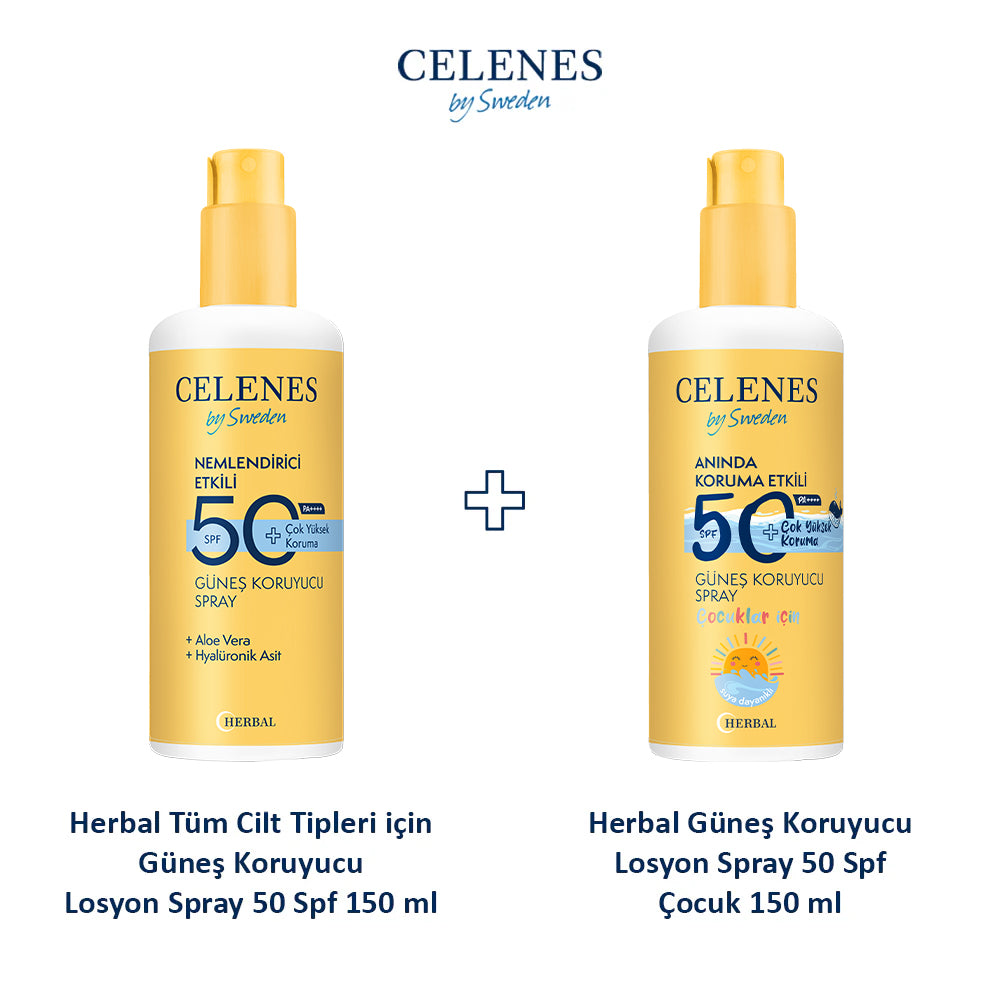 Herbal Tüm Cilt Tipleri için Güneş Koruyucu Losyon Spray 50 Spf 150 ml + Herbal Güneş Koruyucu Losyon Spray 50 Spf Çocuk, 150 ml 2'li Set