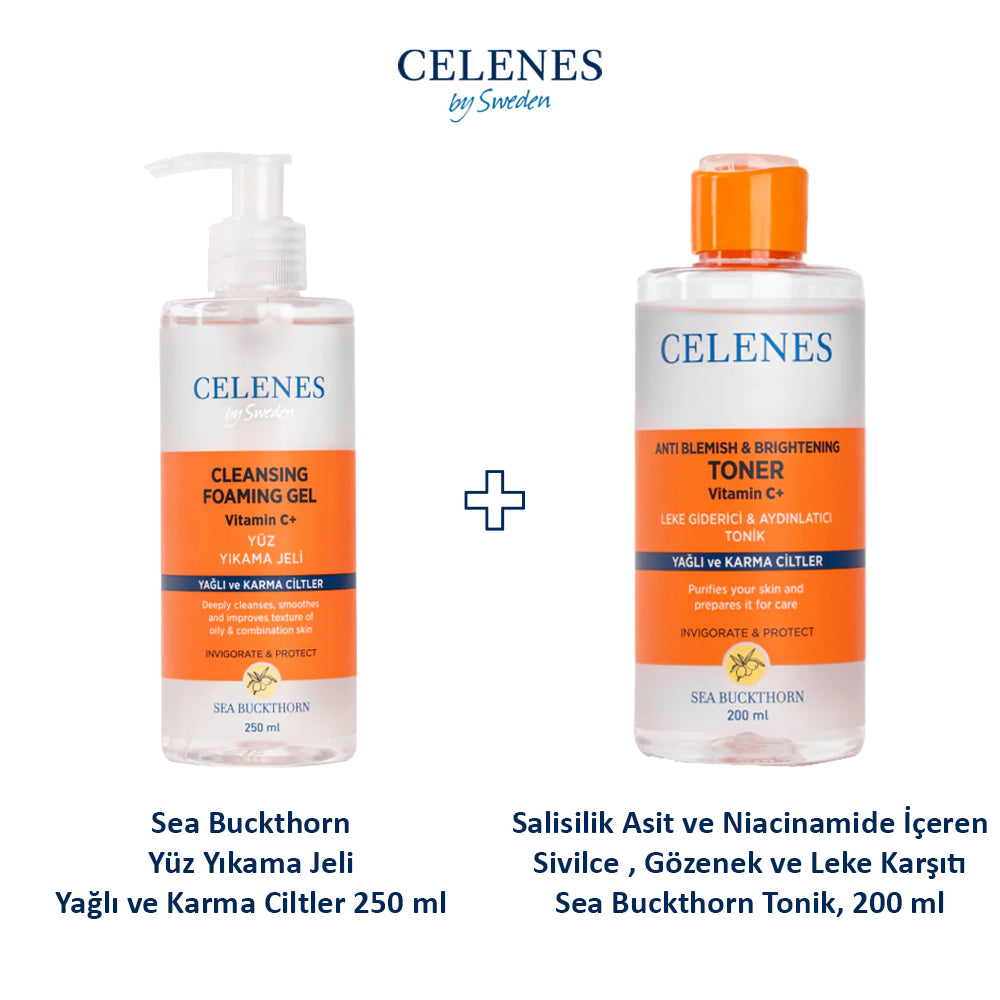 Sea Buckthorn Yüz Yıkama Jeli Yağlı ve Karma Ciltler 250 ml + Salisilik Asit ve Niacinamide İçeren Sivilce , Gözenek ve Leke Karşıtı Sea Buckthorn Tonik, 200 ml 2'li Set