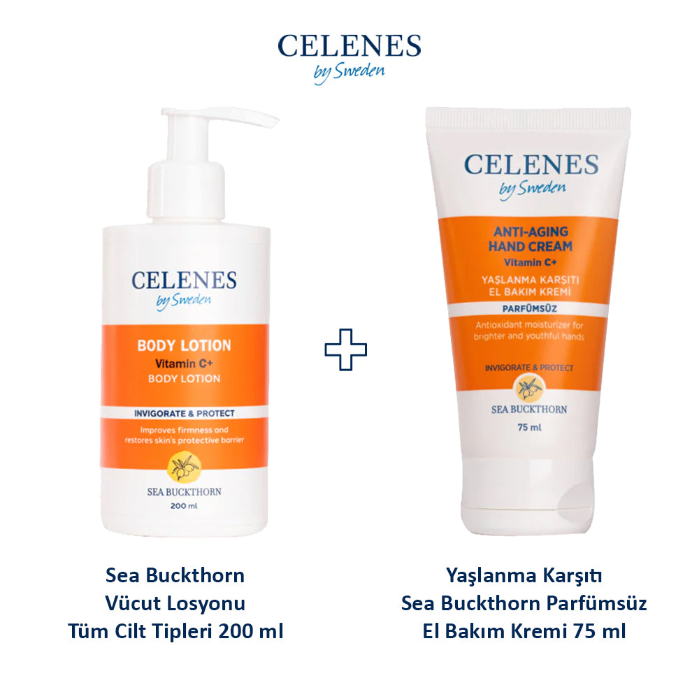 Sea Buckthorn Vücut Losyonu Tüm Cilt Tipleri 200 ml + Yaşlanma Karşıtı Parfümsüz El Bakım Kremi 75 ml 2'li Set